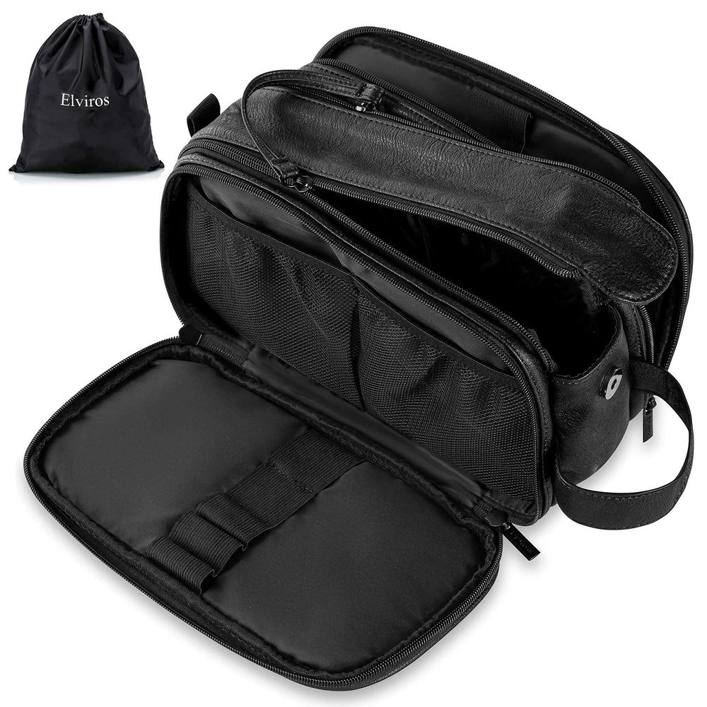 Elviros front view of medium black dopp kit showing compact organization benefit