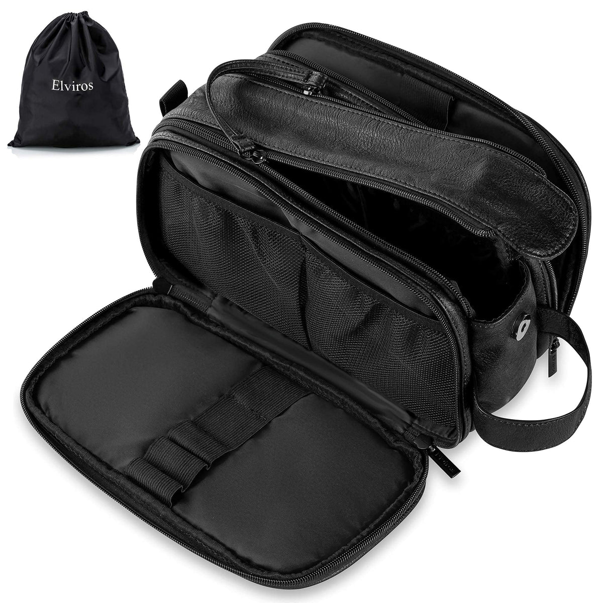 Elviros front view of medium black dopp kit showing compact organization benefit