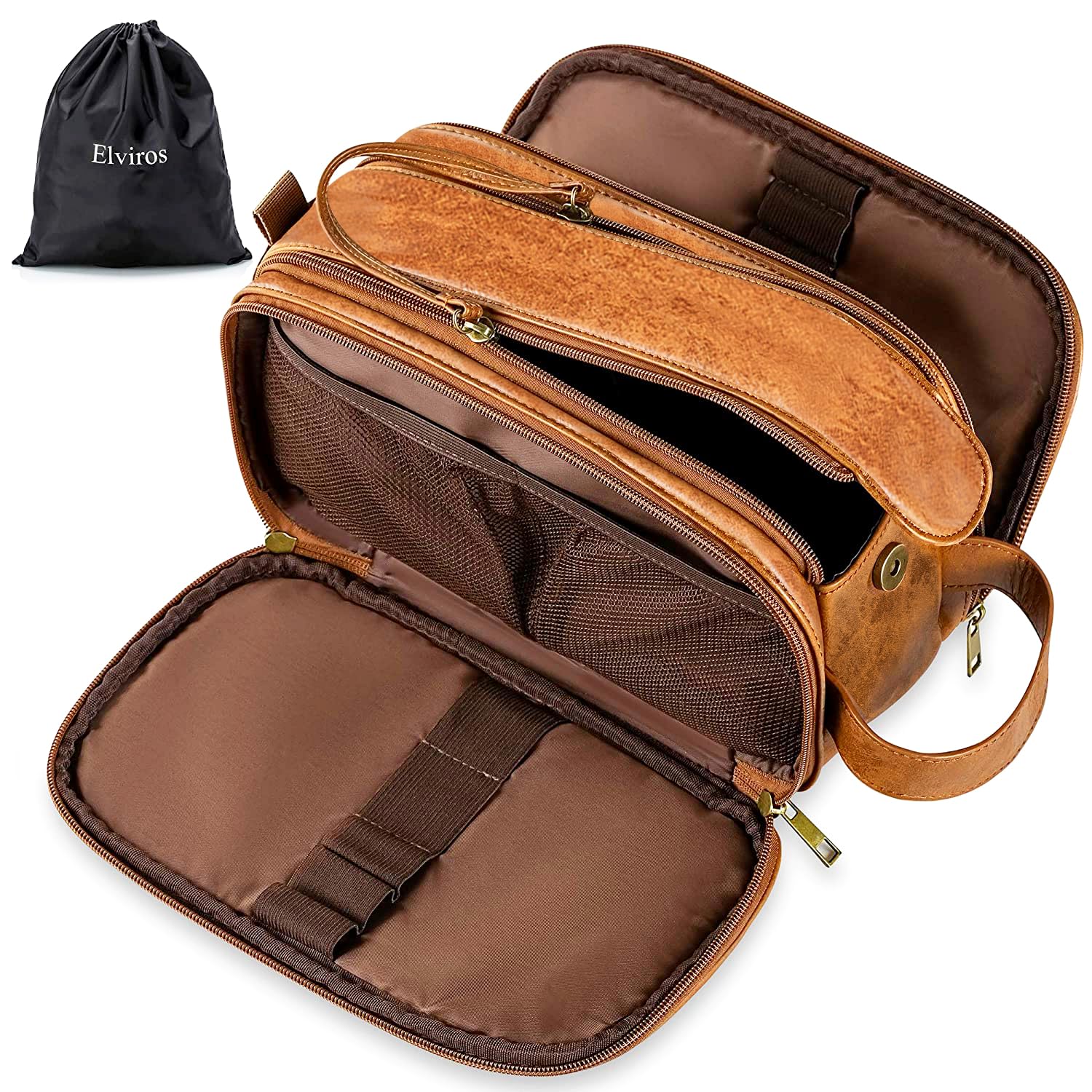 Elviros front view of brown dopp kit showing compact travel-ready design and style benefit