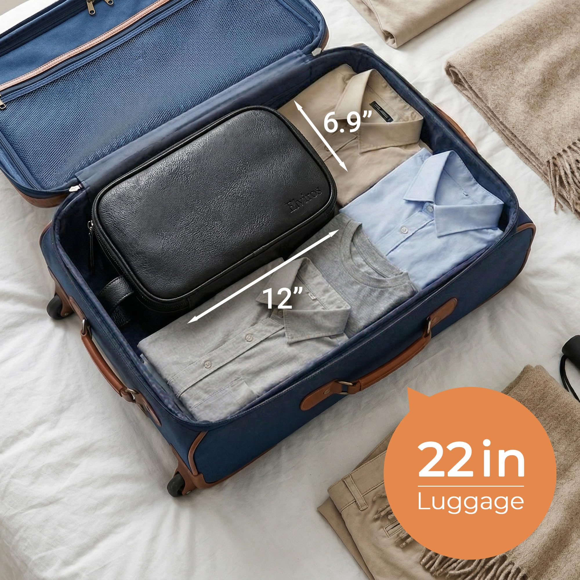 Elviros bag beside travel items showing scale and suitcase-ready size
