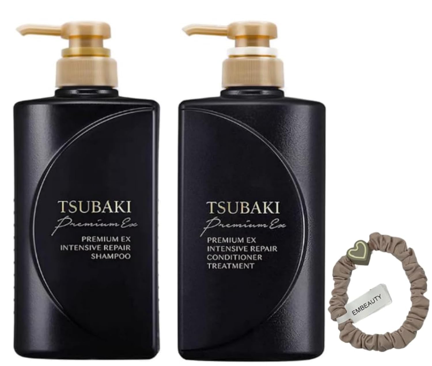EM Tsubaki front packaging showing duo and hair tie, highlights restorative benefit