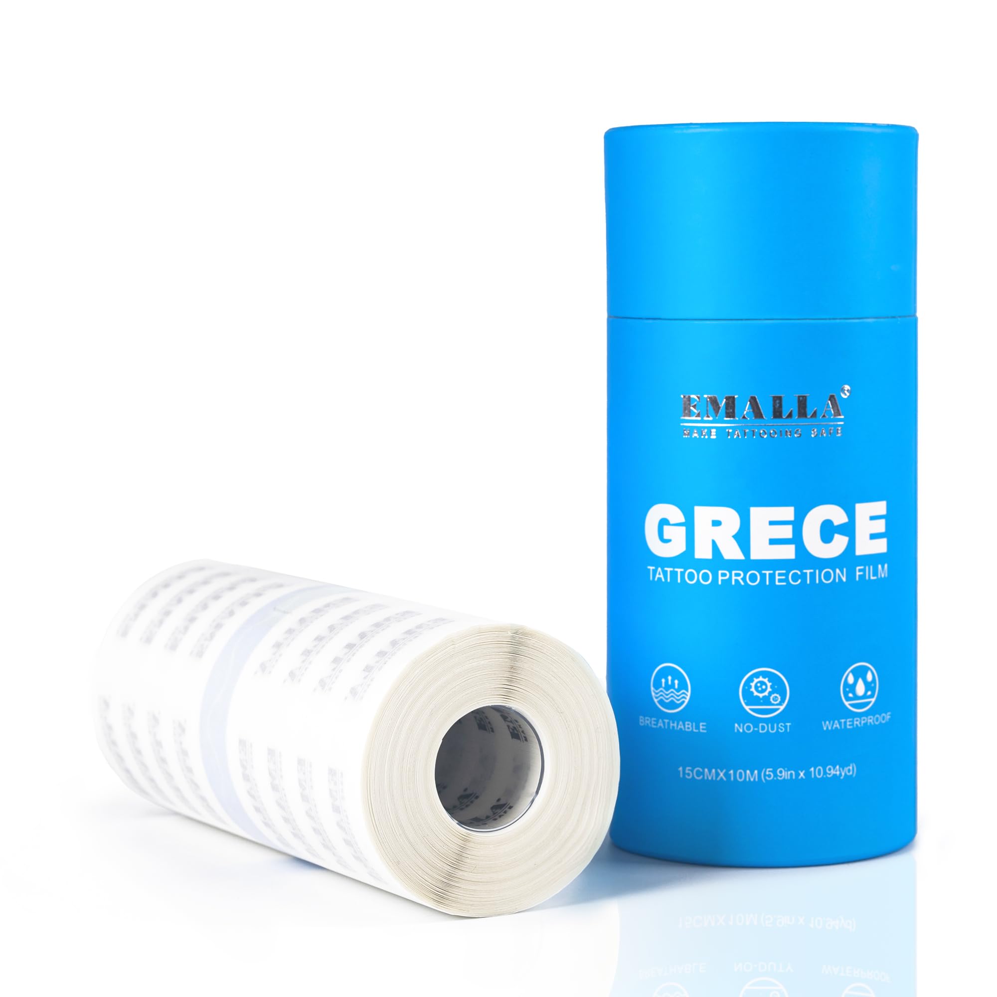 Emalla GRECE roll front view showing label and 11-yard length for studio savings