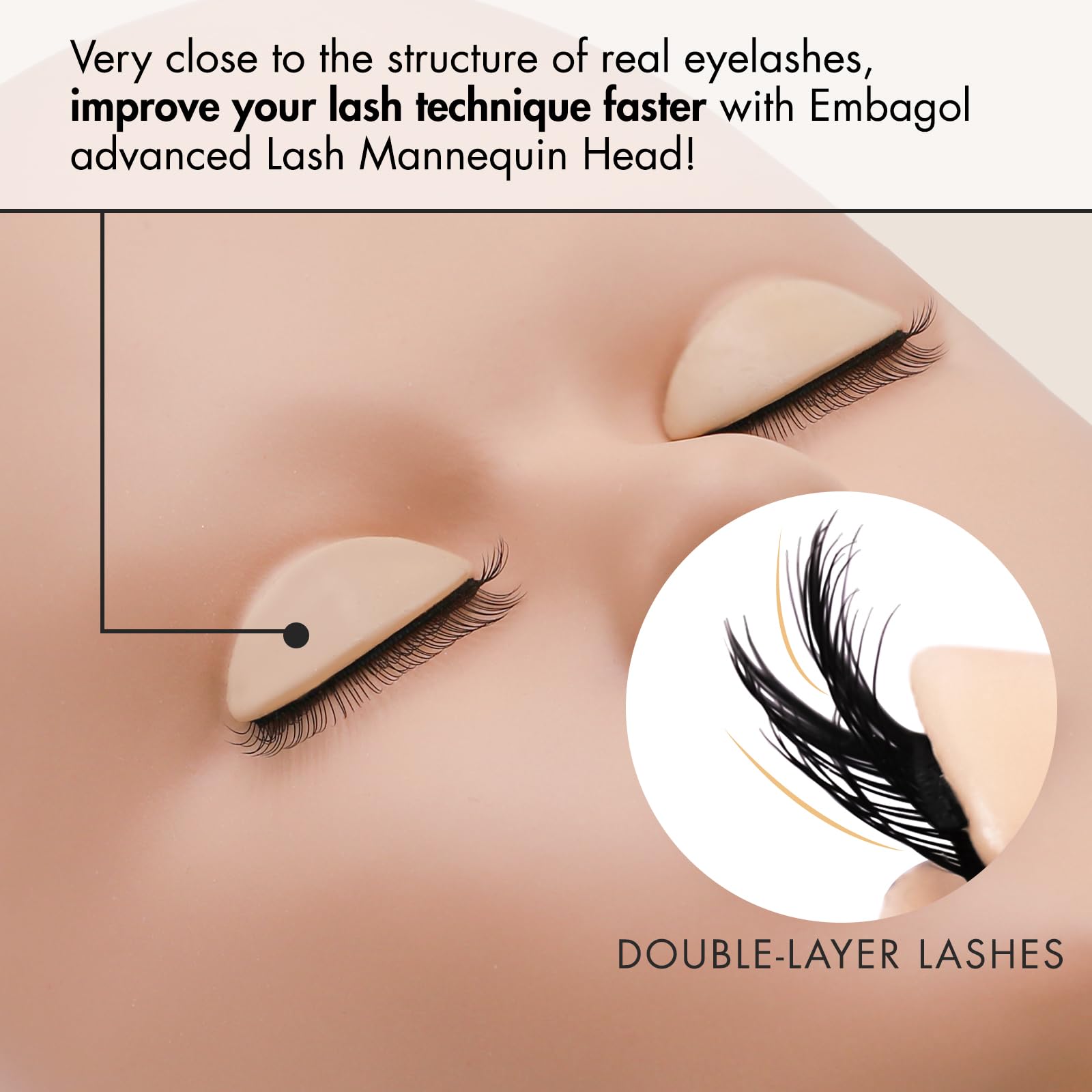 Embagol close-up of double-layer eyelid demonstrating realistic lash bed depth