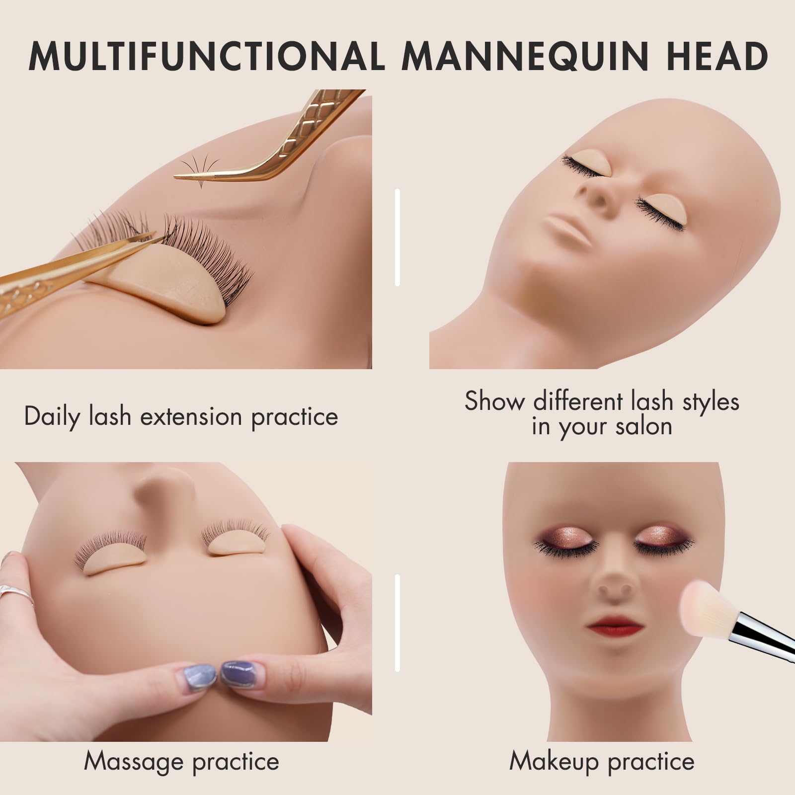 Embagol mannequin displayed in salon to showcase client-ready lash demos