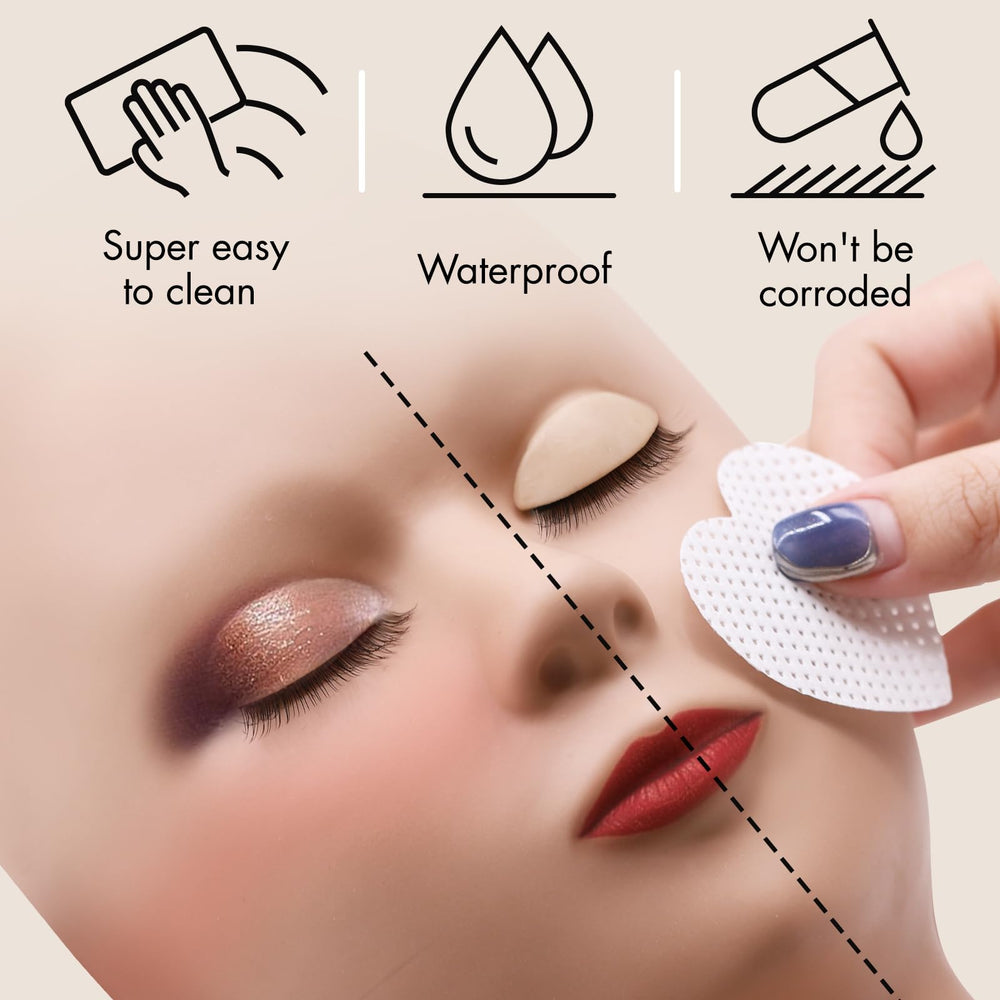 Embagol mannequin head on a desk showing compact size and portable convenience