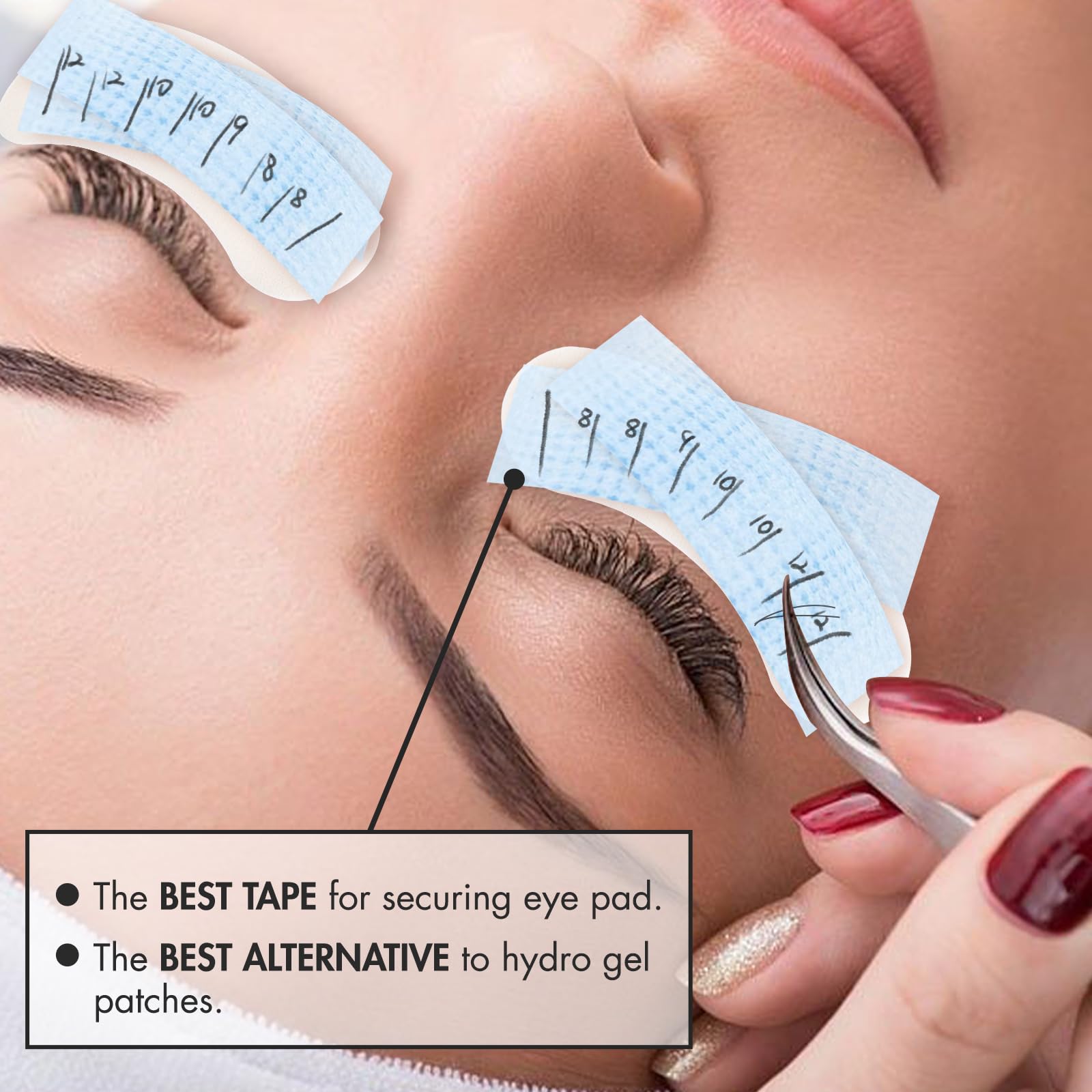 Embagol tape securing an eye pad during lash extension application safely