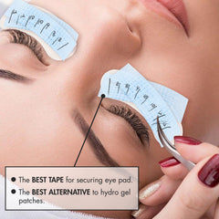 Embagol tape securing an eye pad during lash extension application safely