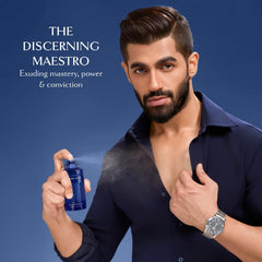 EMBAROUGE side profile of Azure d'Or bottle highlighting sleek contours and quality