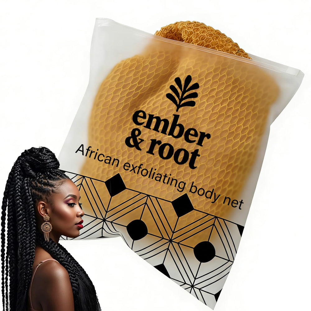 ember and root front view of bronze exfoliating net sponge showing compact packaging and benefit