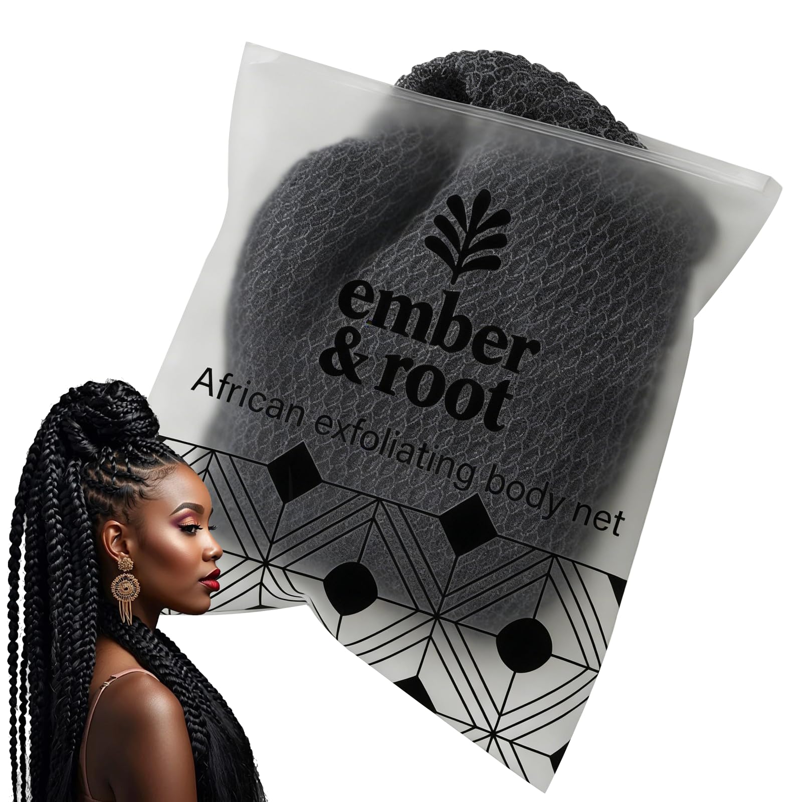 ember and root front packaging showing grey exfoliating net, clear product view and benefit