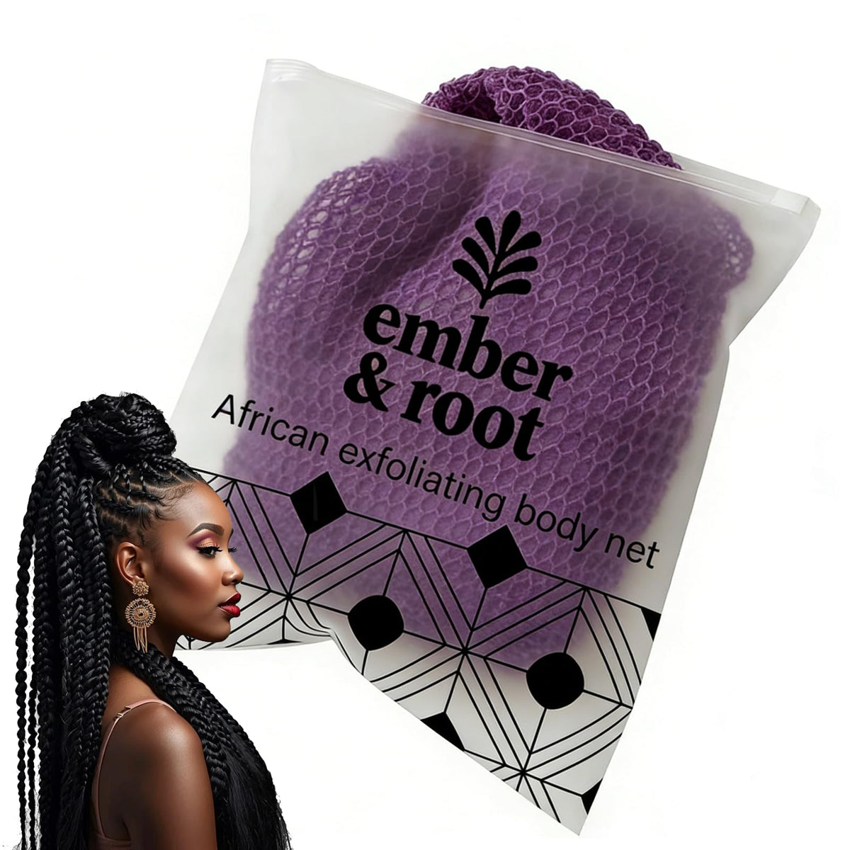 ember and root purple net sponge front view showing compact design and easy grip benefit