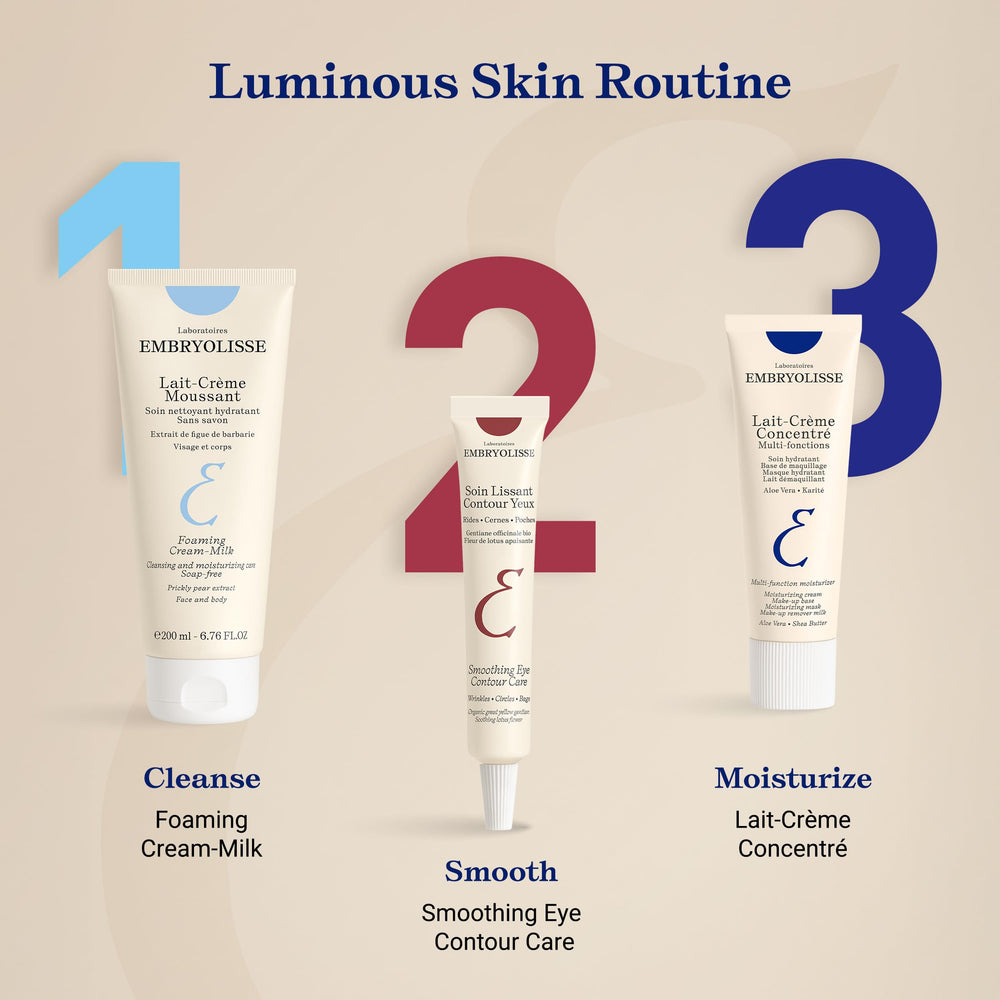 Embryolisse on bathroom vanity suggesting French-formulated daily routine