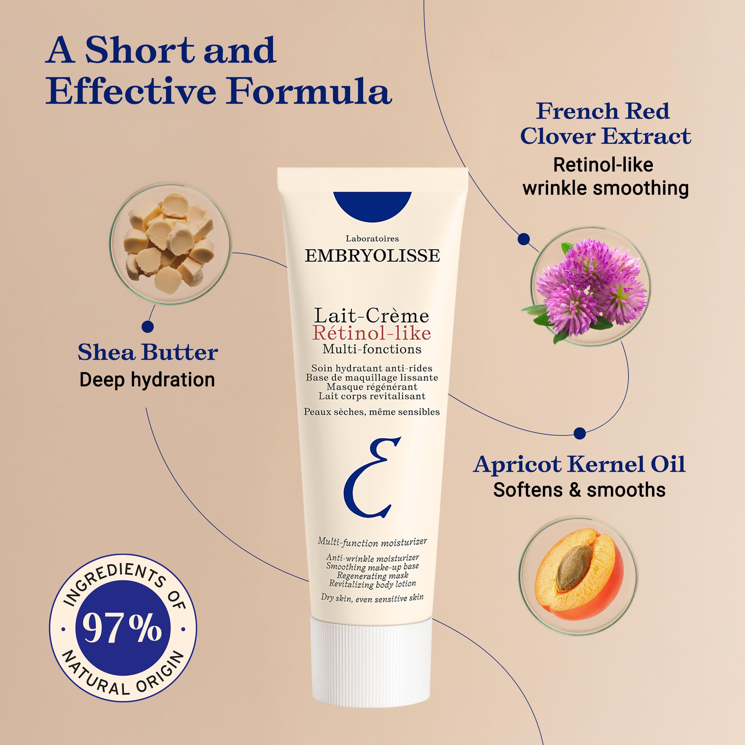 Embryolisse next to a ruler showing 2.54 fl oz compact travel-friendly benefit