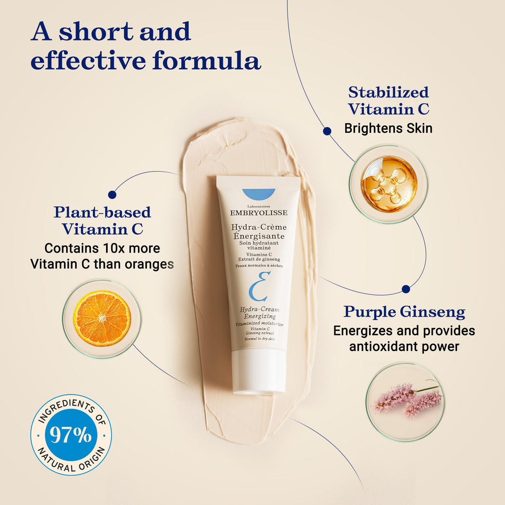 Embryolisse ingredients flatlay with vitamin C and ginseng focus for radiance