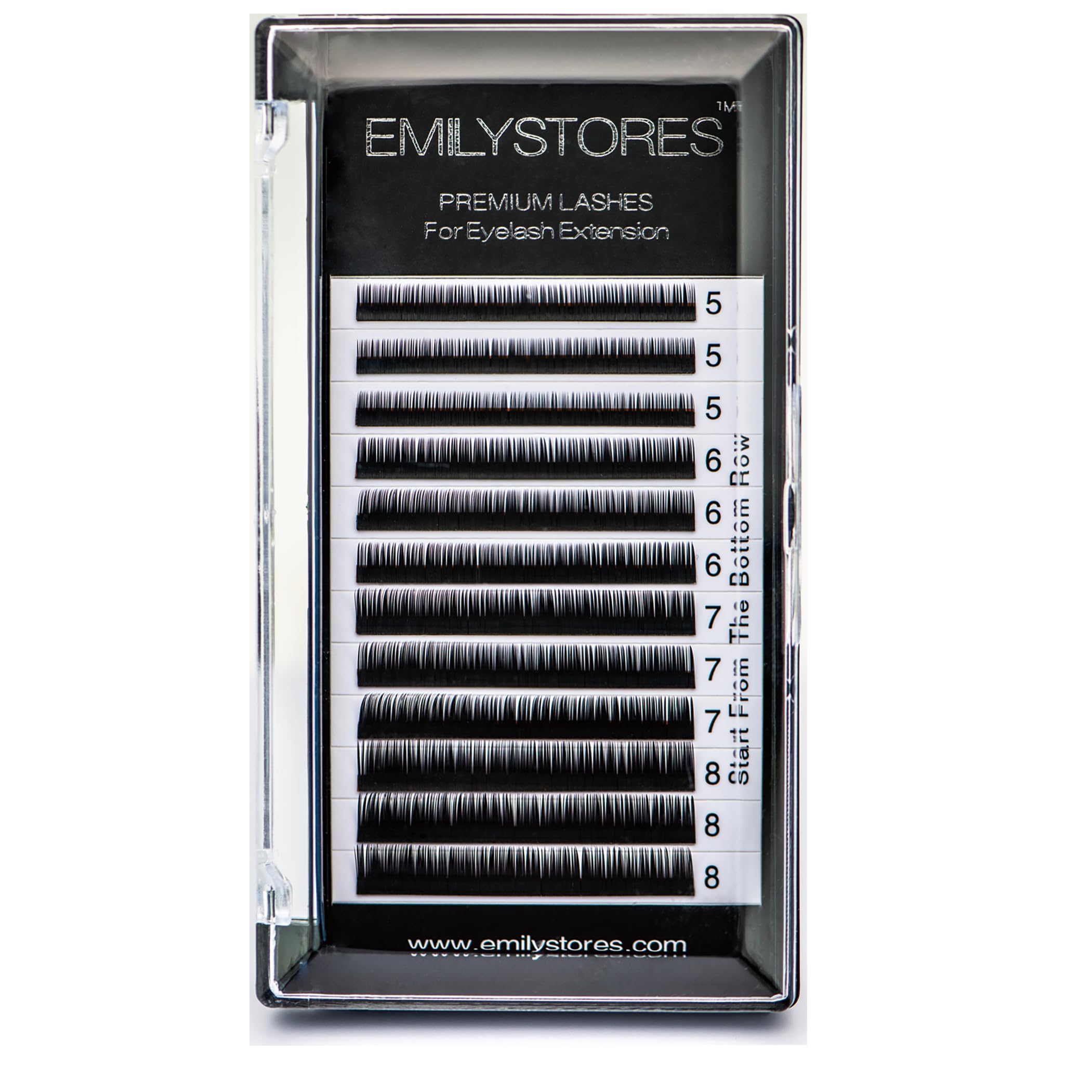EMILYSTORES front tray view showing 12 rows and mixed 5–8mm lengths for fast selection