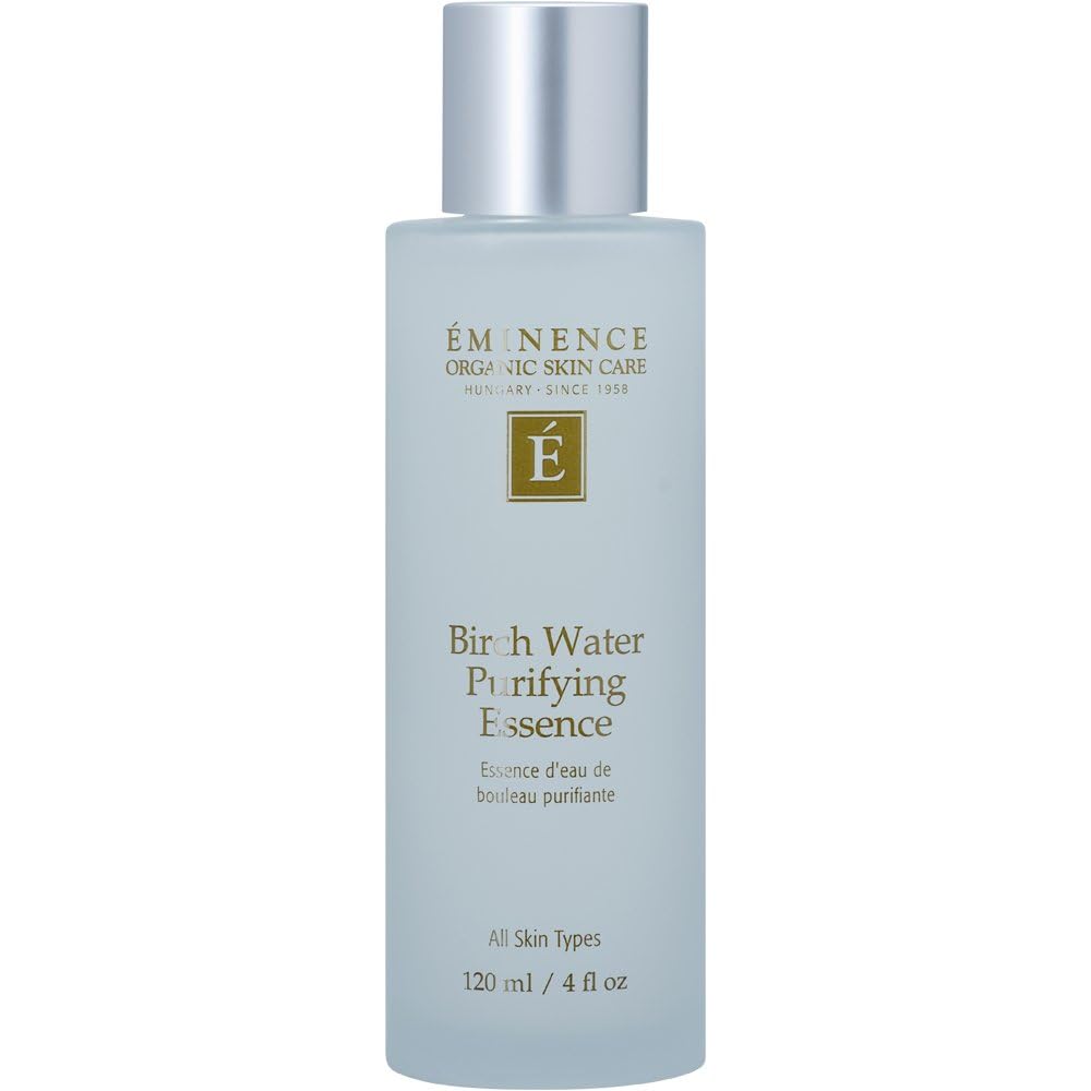 Eminence front bottle of birch water essence showing label and easy-pump dispenser for refreshed skin