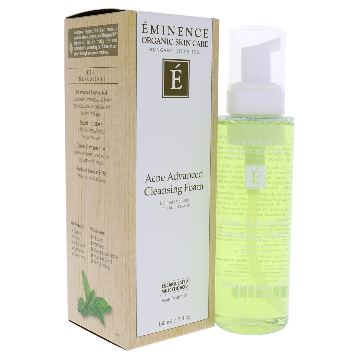 Eminence label close-up highlighting willow bark and tea tree benefits