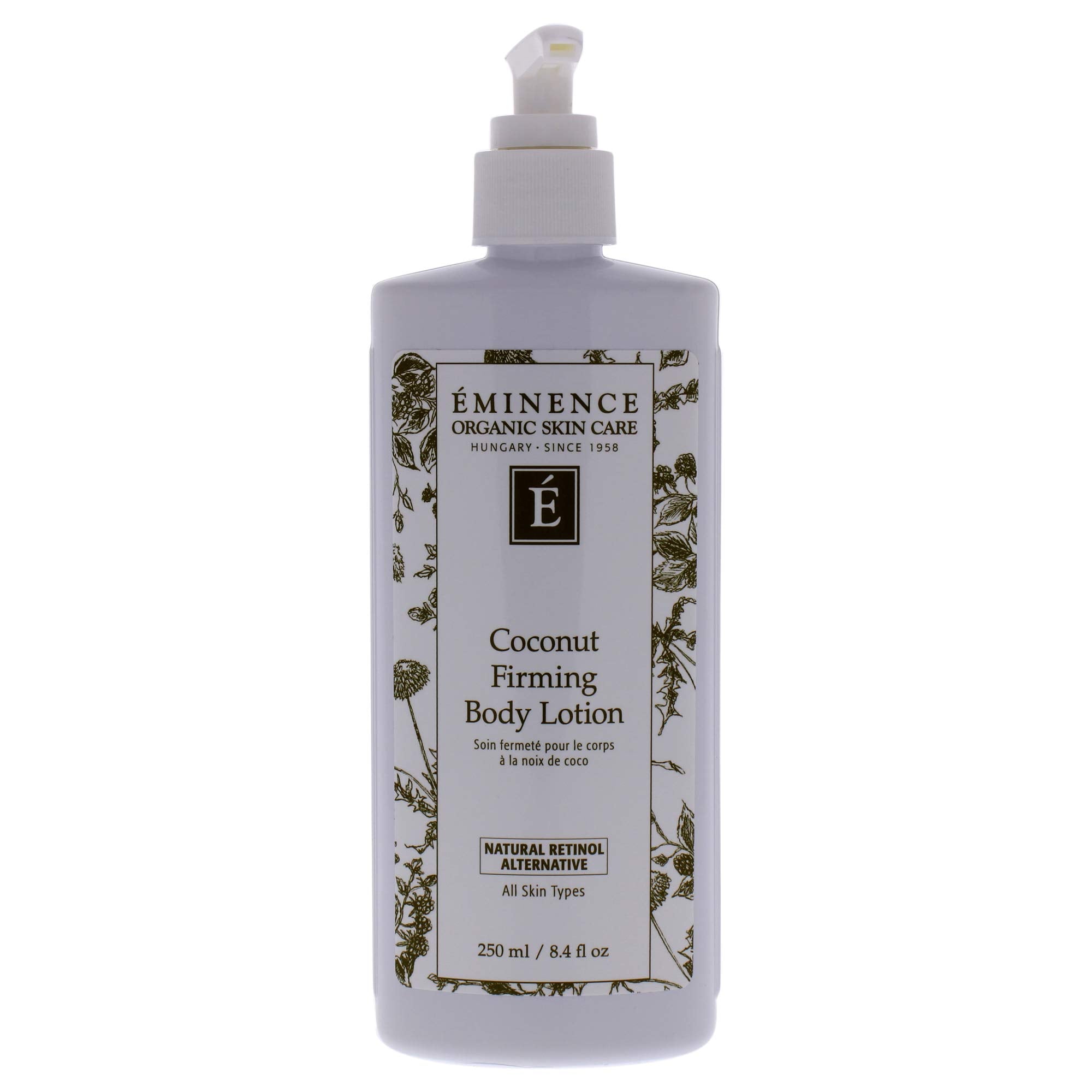Eminence bottle front view showing label and convenient pump for easy application