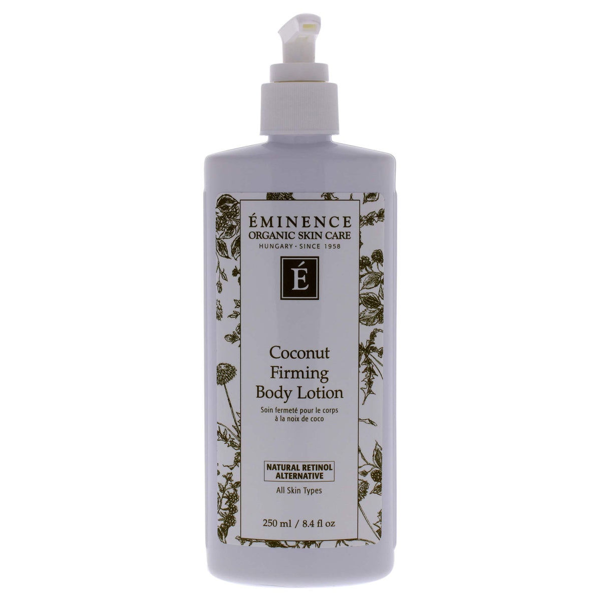 Eminence bottle front view showing label and convenient pump for easy application