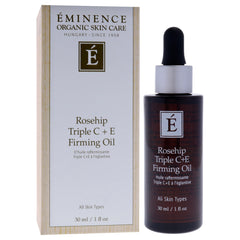 Eminence label ingredients close-up highlighting rosehip, vitamin C and E benefits