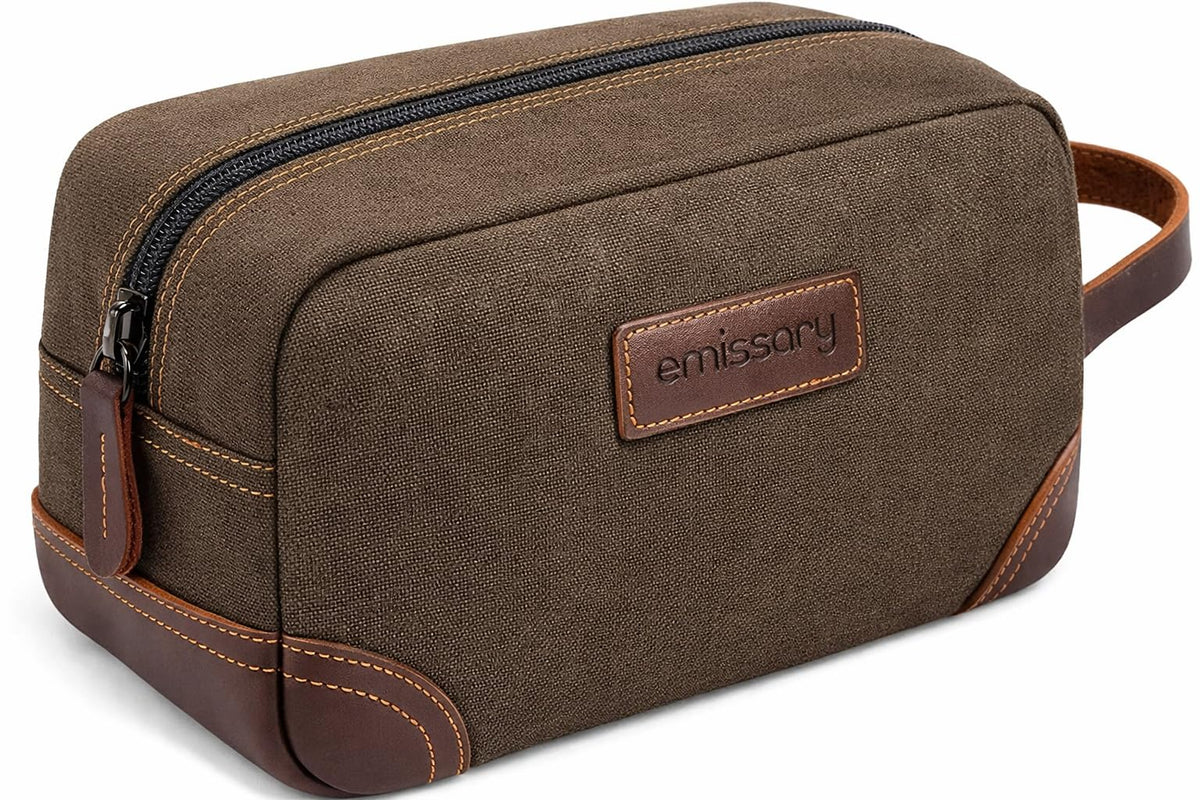 emissary front view showing coffee canvas and leather accents for polished travel organization