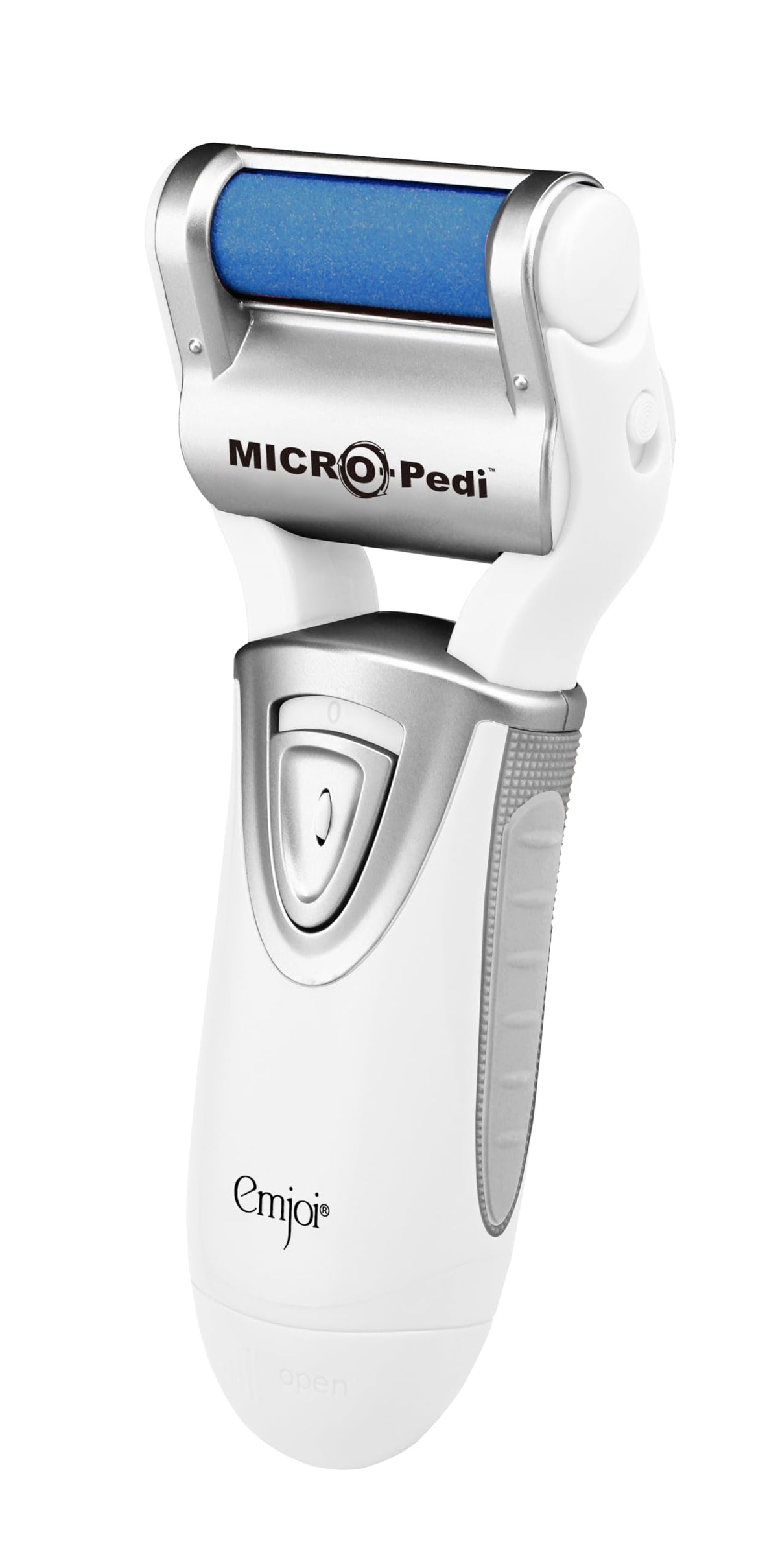 Emjoi Micro-Pedi front view showing white unit and rollers for smooth feet