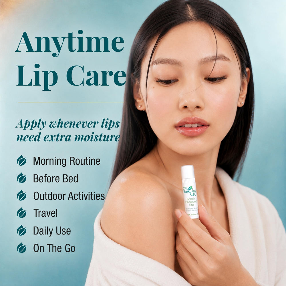 Emu Joy being applied to lips demonstrating gentle daily hydration