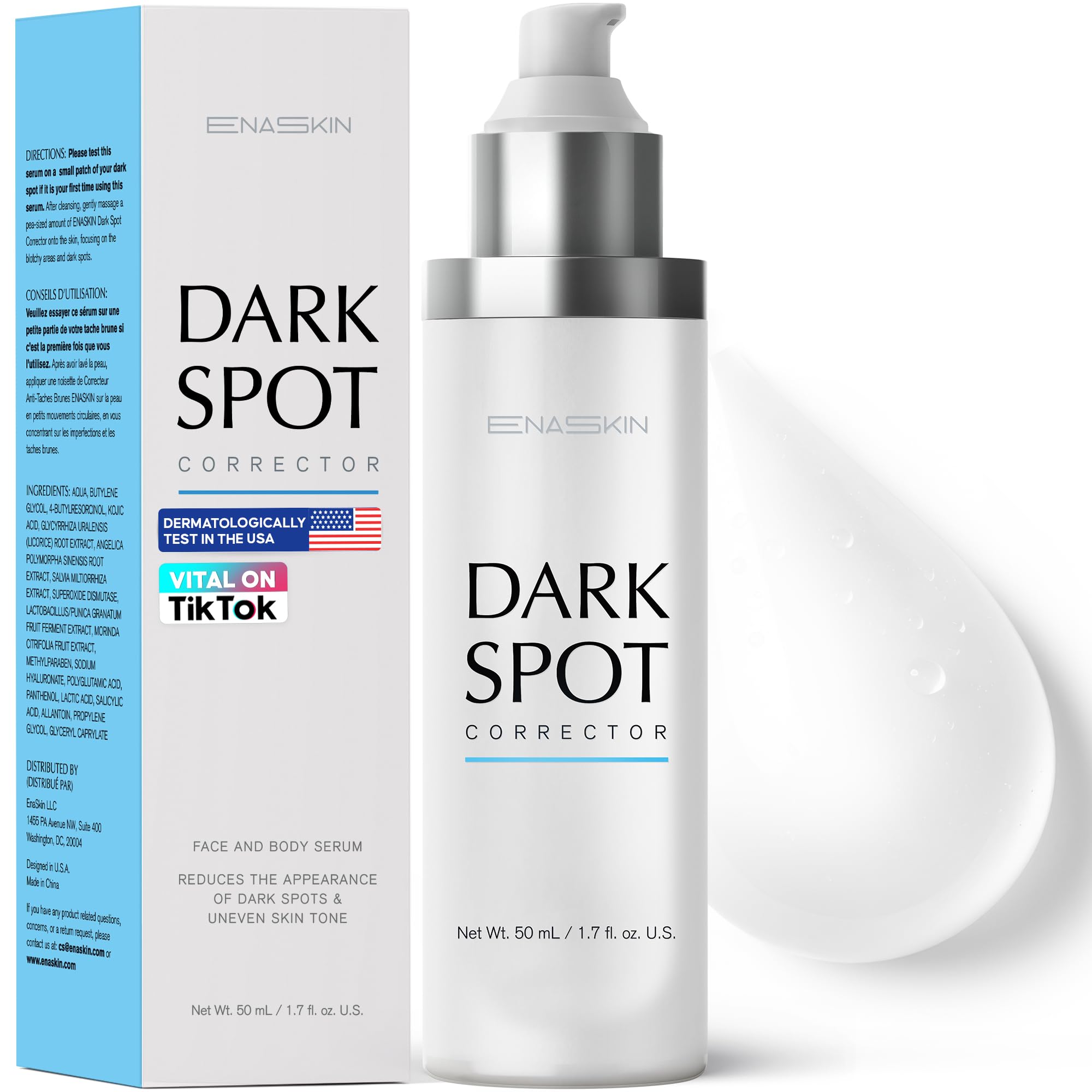 EnaSkin front bottle showing sleek packaging and clear brightening benefit