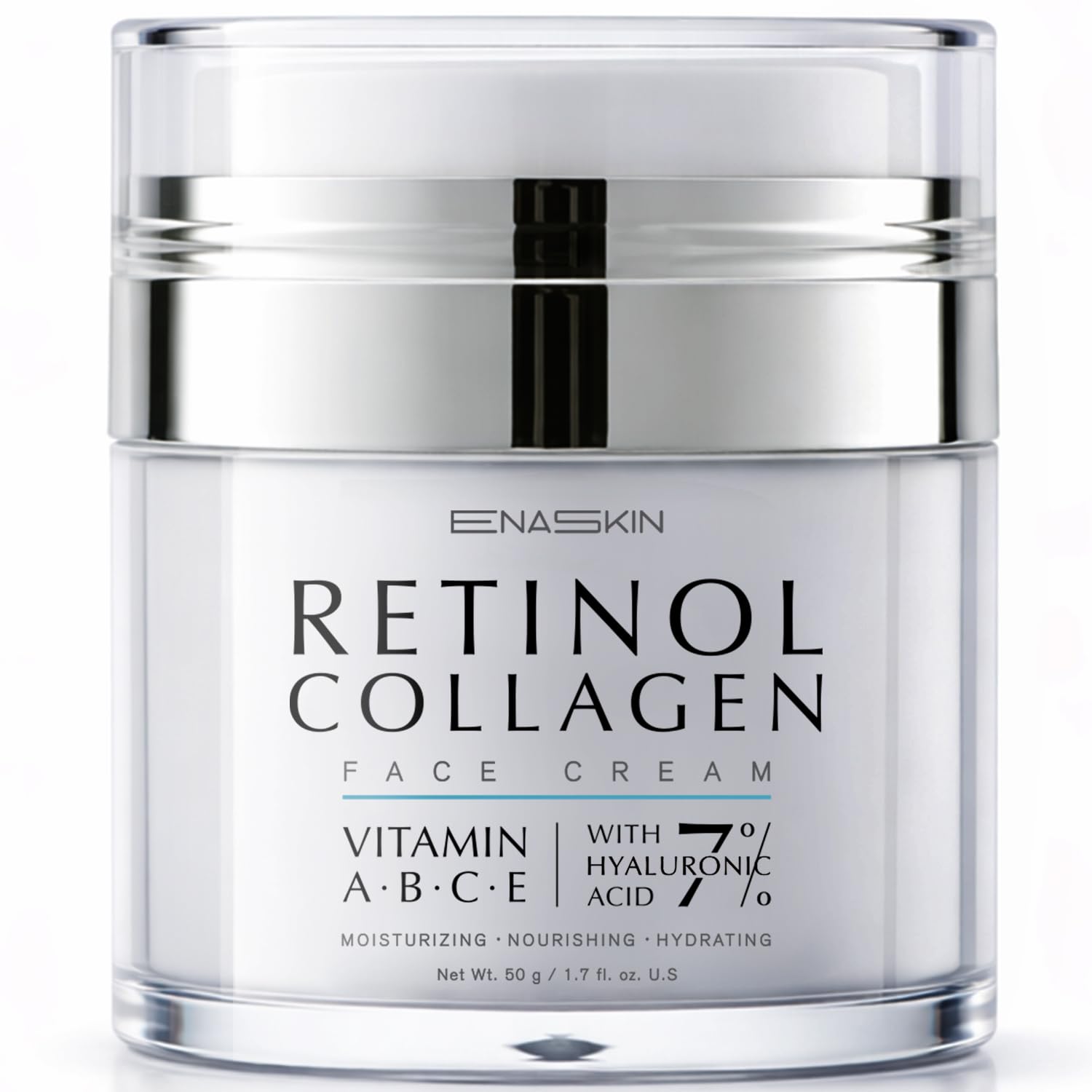 EnaSkin jar front view showing sleek packaging and moisturizer benefits