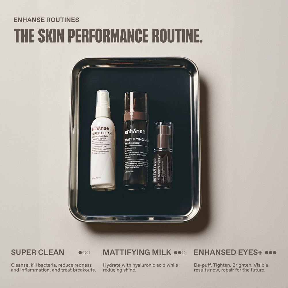 ENHANSE flatlay with other skincare items showing routine-friendly benefit