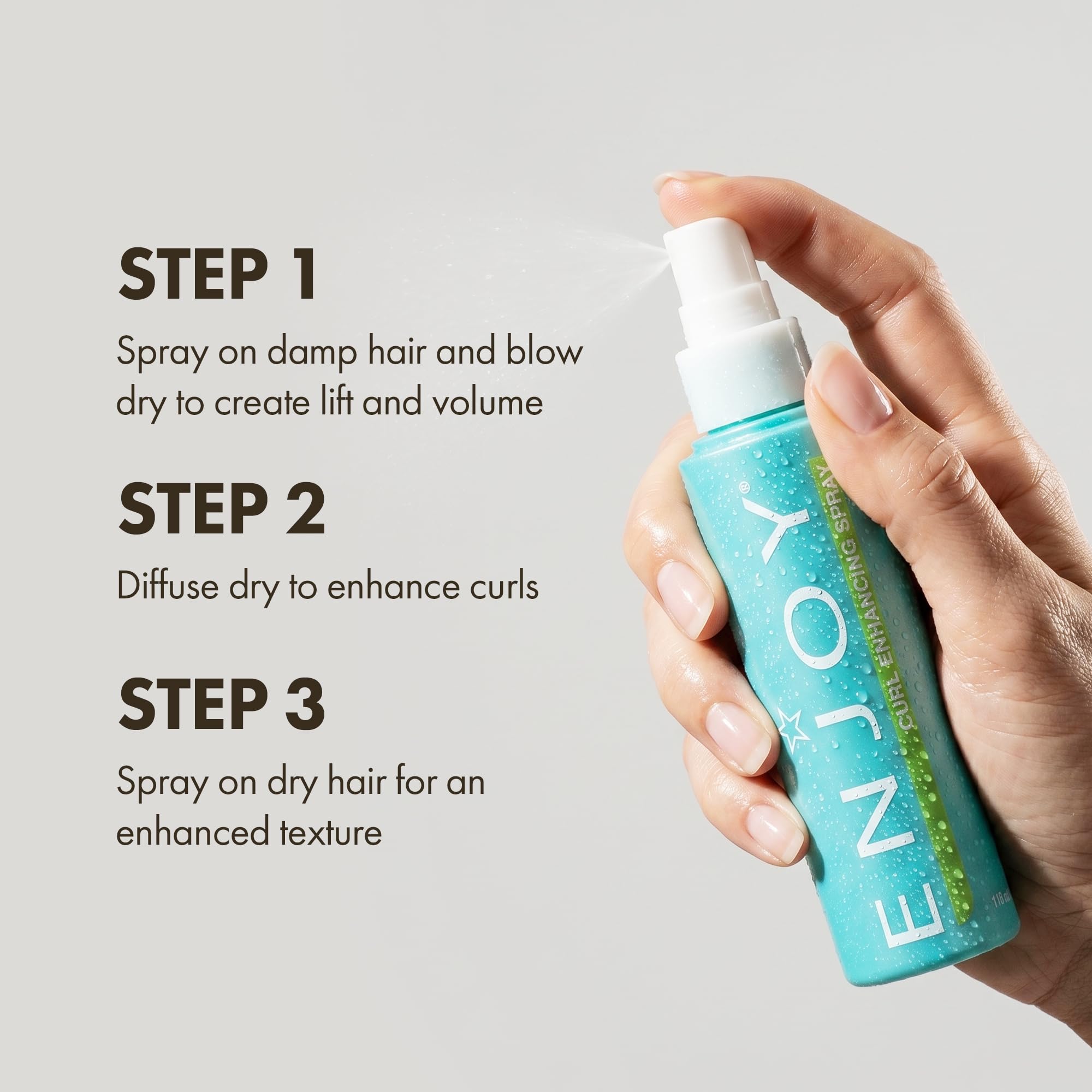 Enjoy curl enhancing spray used with a diffuser adding volume and defined curls without crunch