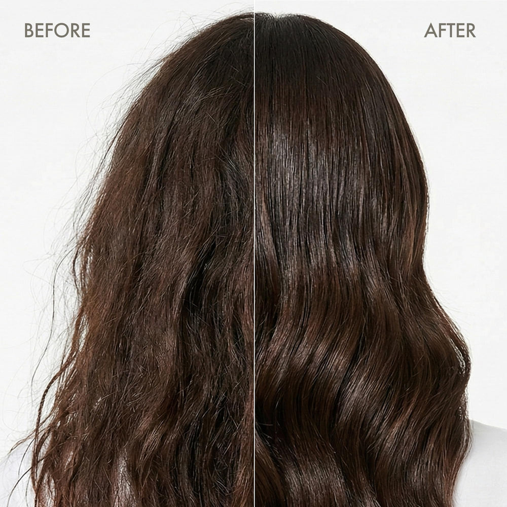 Enjoy before and after hair strands showing frizz reduction and shine