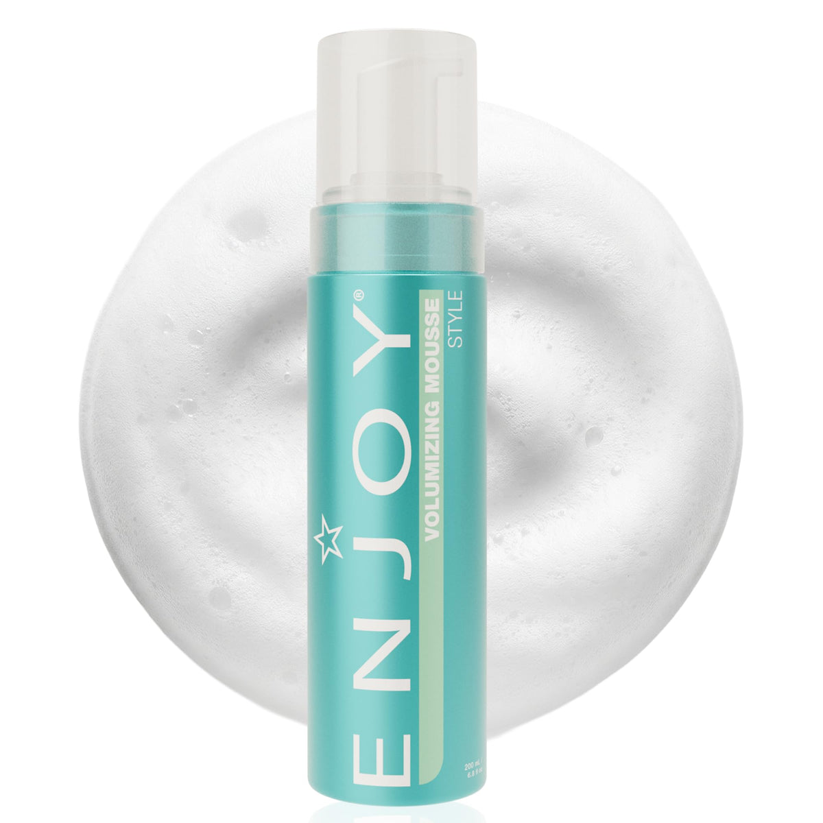 Enjoy volumizing mousse front packaging showing bottle and size for clear product ID and benefit