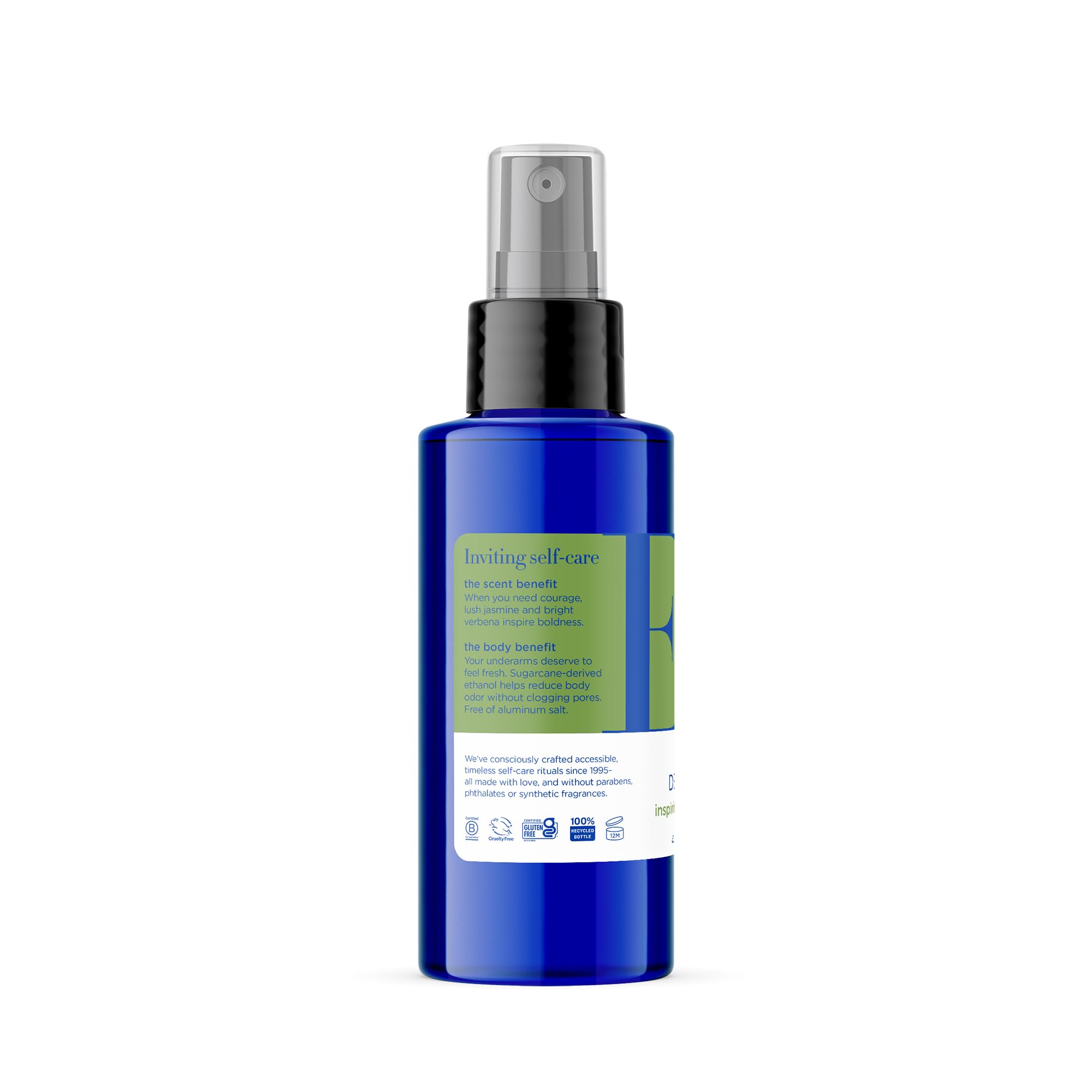 EO bottle on bathroom shelf conveying everyday natural care benefit