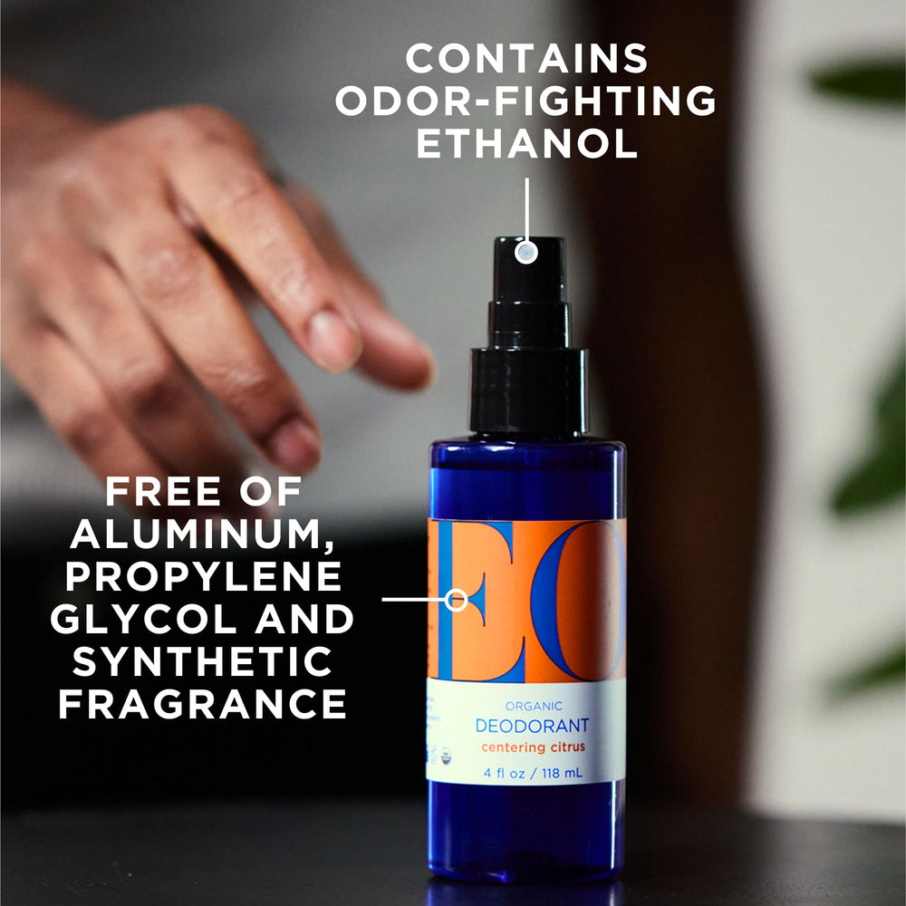 EO bottle close-up of spray nozzle and label, highlighting natural ingredients
