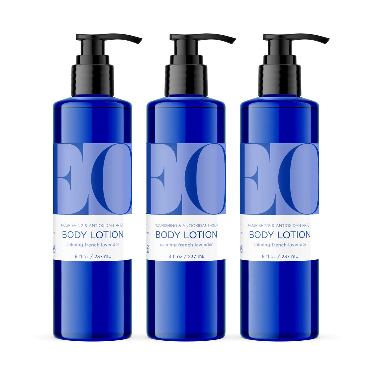 EO front packaging showing three bottles and calm lavender scent benefits