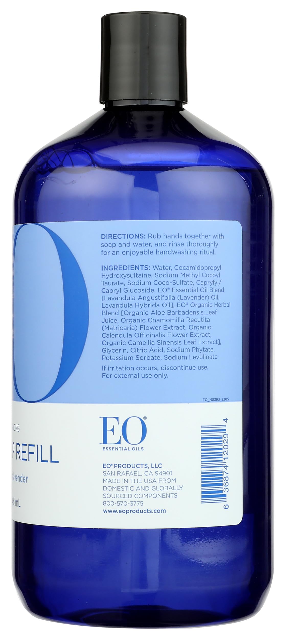 EO refill bottle pouring into a pump dispenser for easy transfer