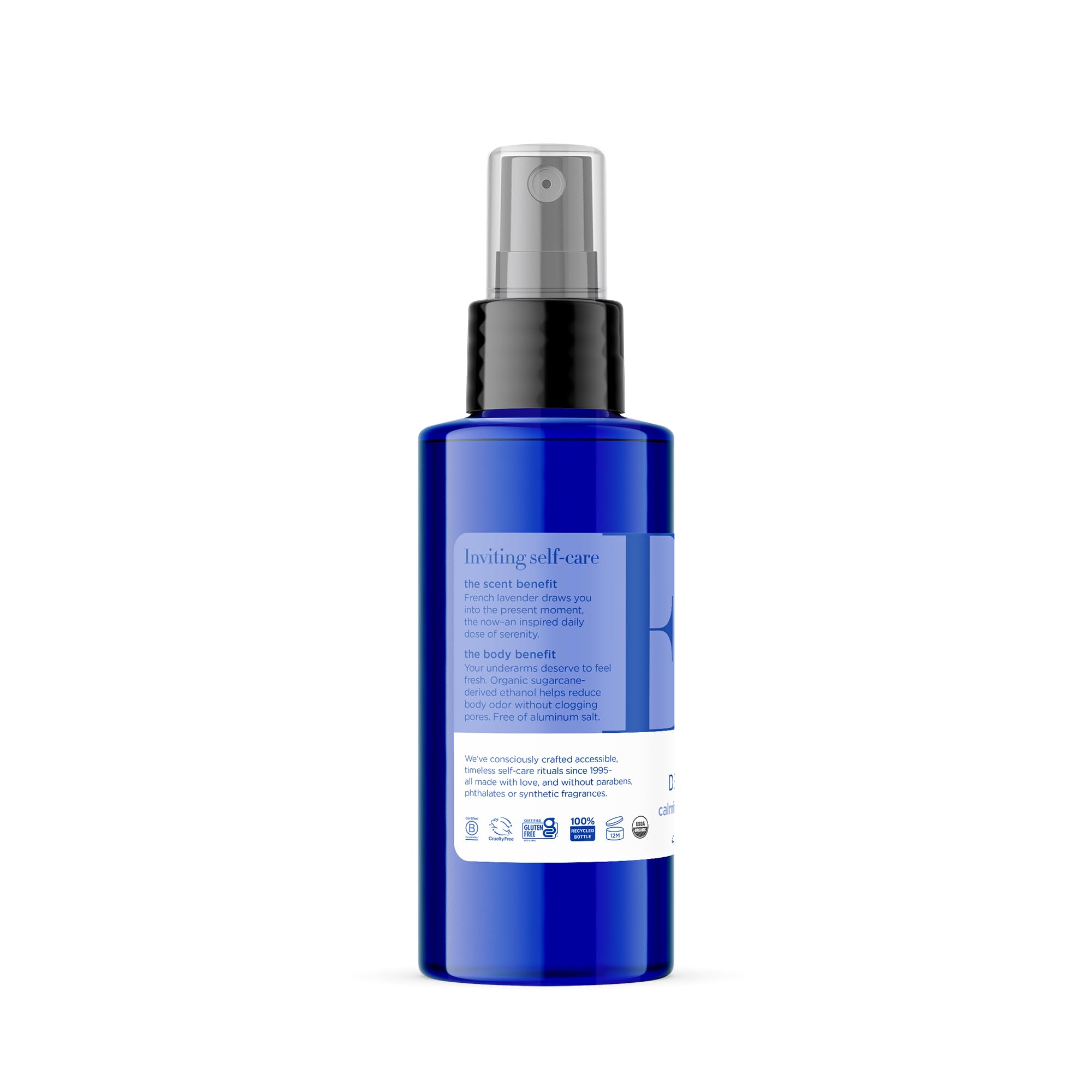 EO bottle with lavender field background showing calming scent benefit