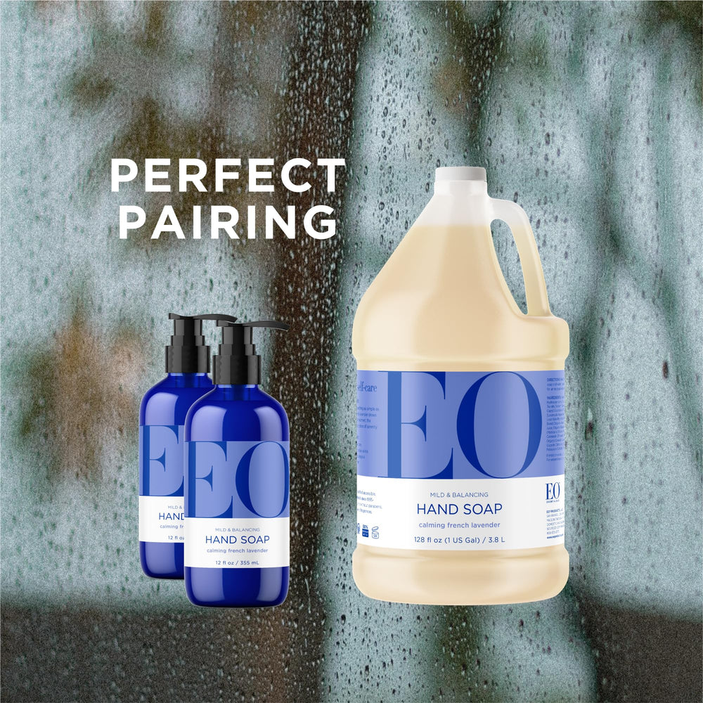 EO gallon beside a hand for scale showing large refill convenience