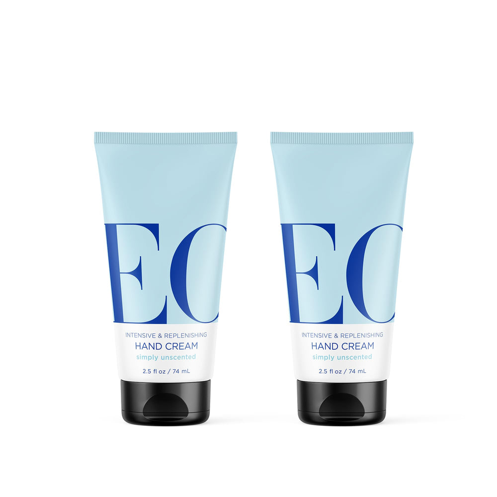 EO front packaging showing two unscented hand cream bottles and clean design