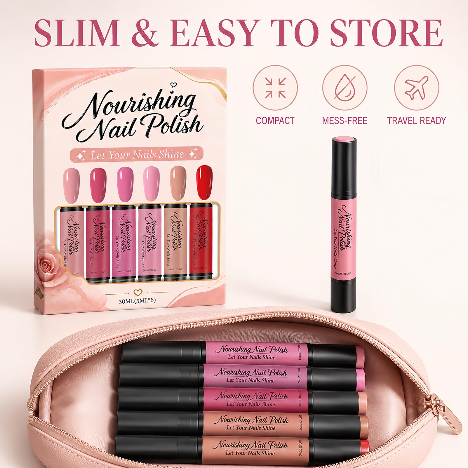 EONFAVE pens inside a cosmetic bag in a lifestyle scene for on-the-go touch-ups benefit