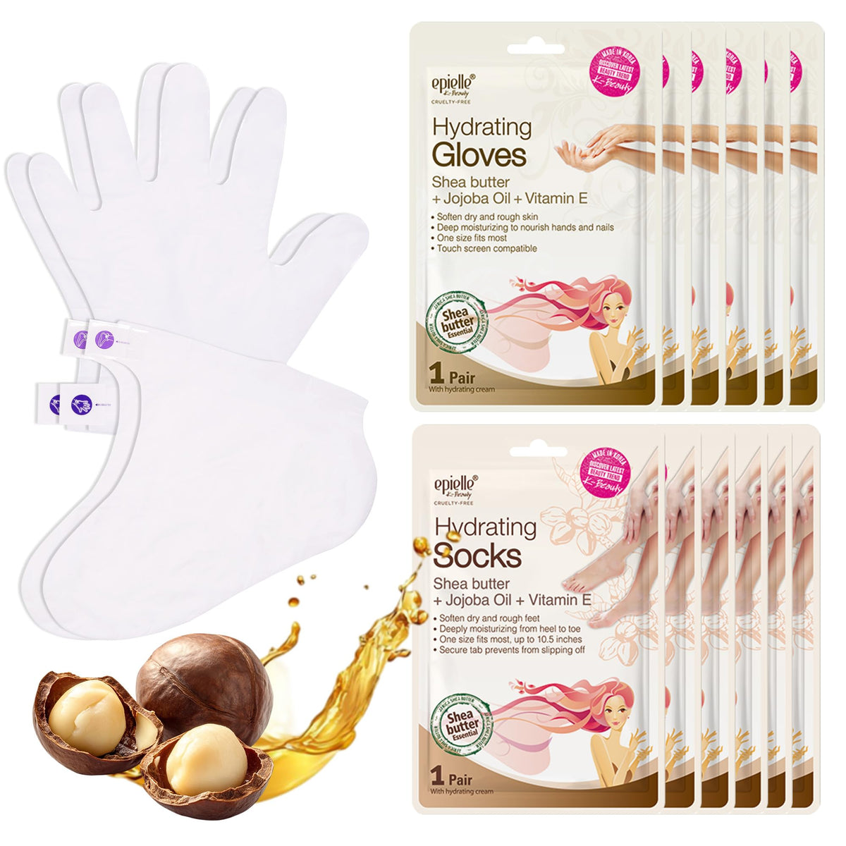 Epielle front packaging showing the 6 gloves and 6 socks, convenient spa kit