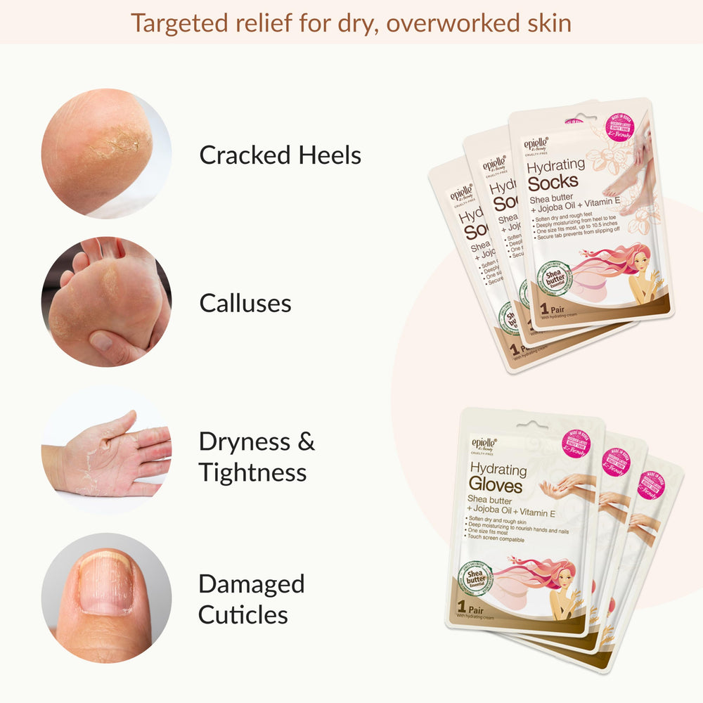 Hands wearing Epielle gloves during treatment, promoting soft hydrated hands