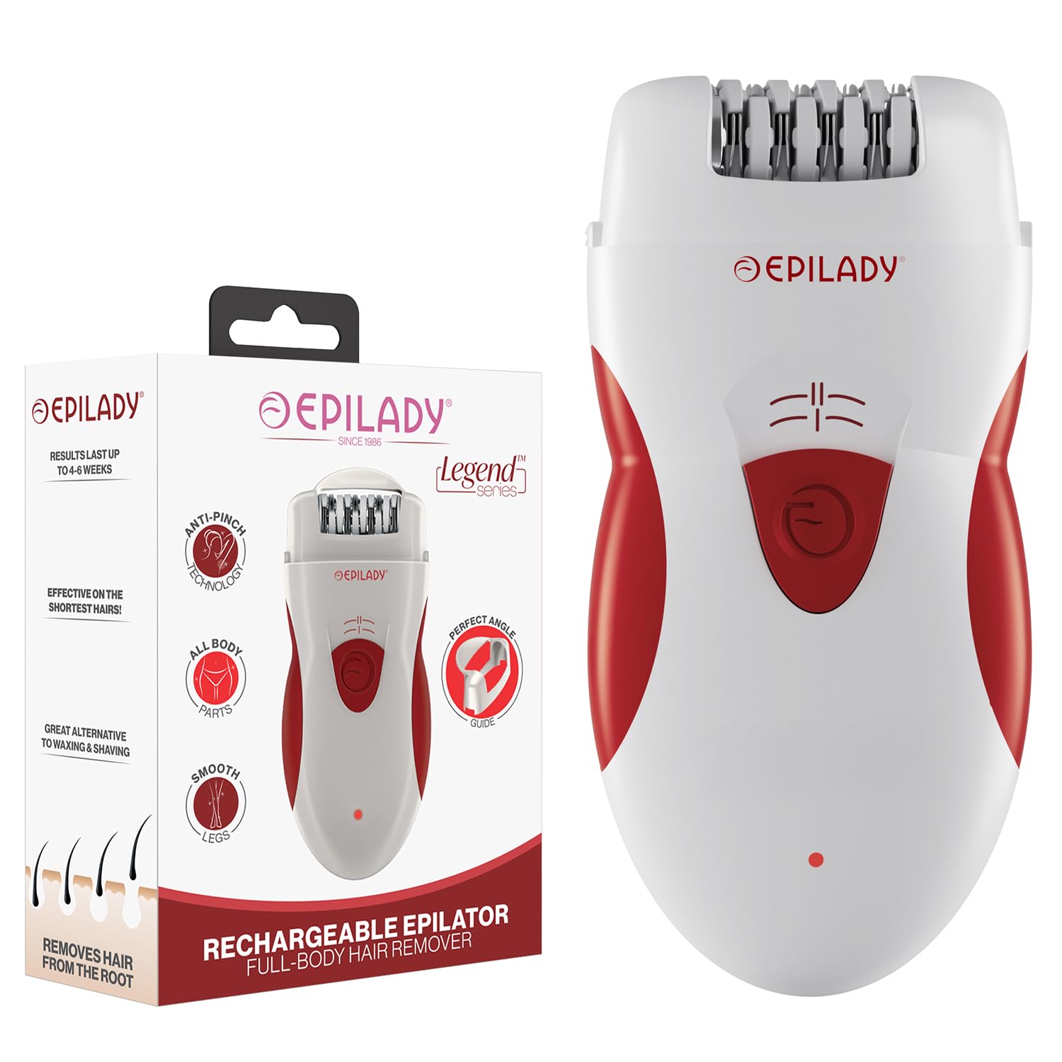 Epilady Legend 4 front view showing compact cordless design and controls for easy grooming