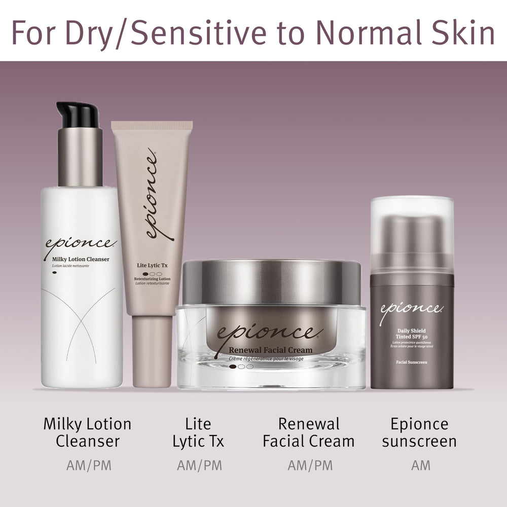 Epionce Renewal Facial Cream next to other Epionce products indicating compatible layering benefit