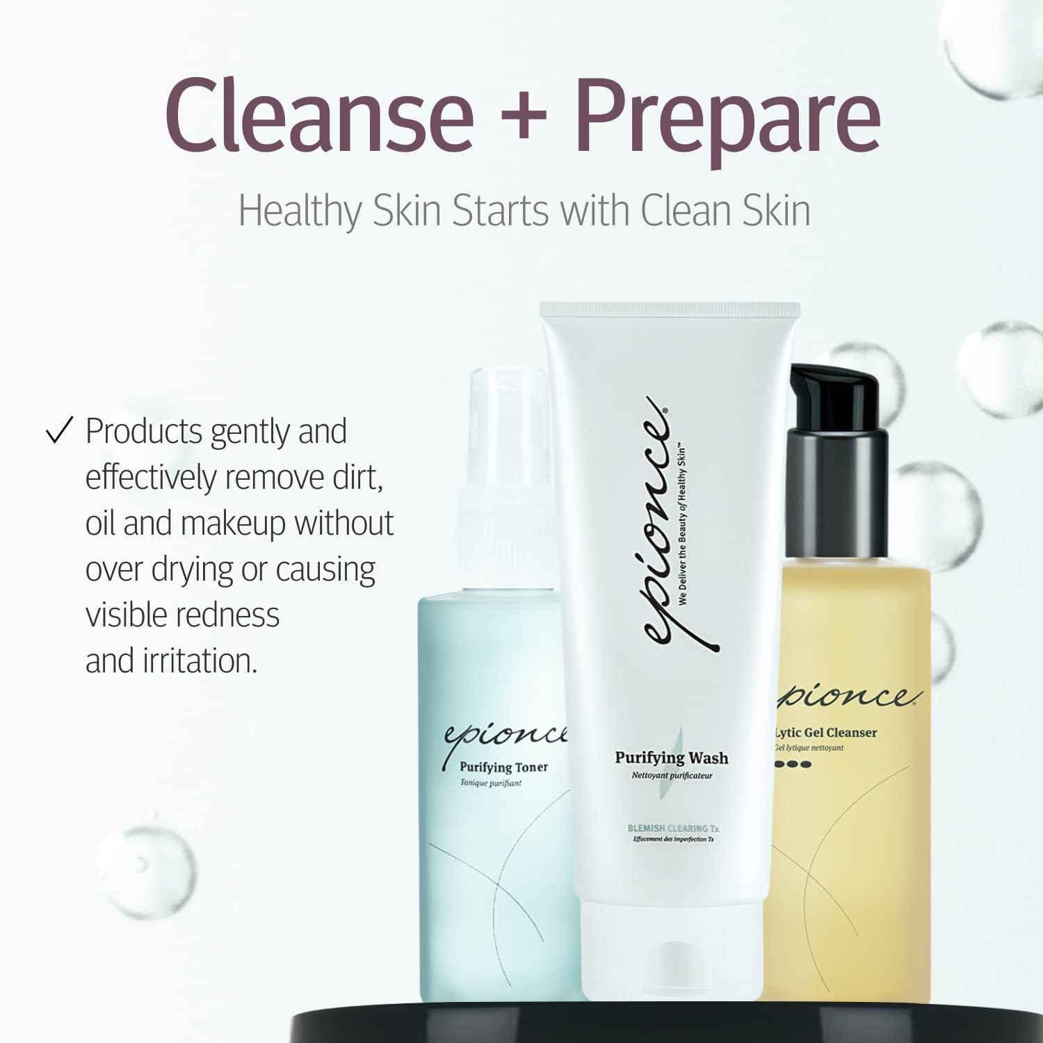 Model applying Epionce toner to face emphasizing reduced oil and clearer pores