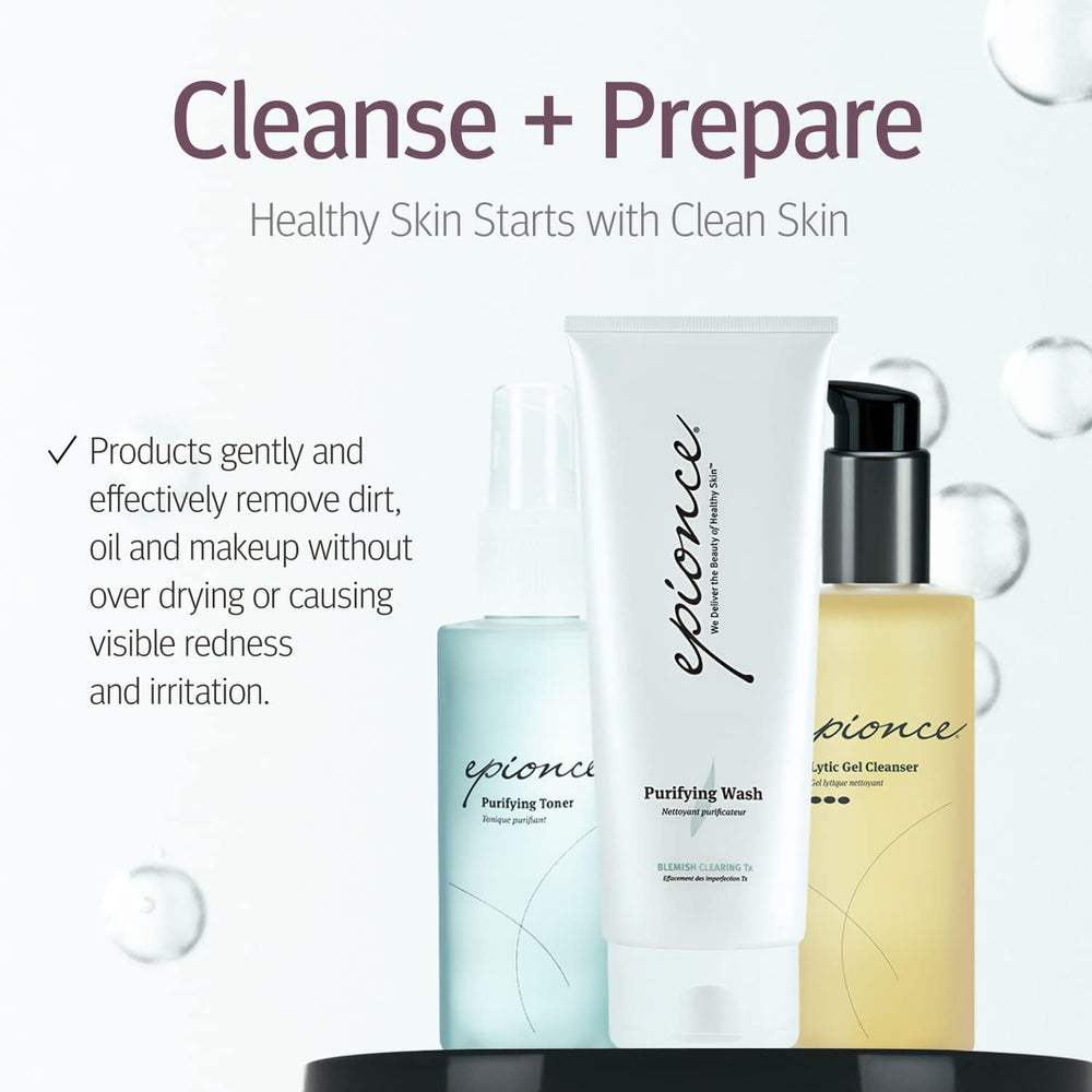 Model applying Epionce toner to face emphasizing reduced oil and clearer pores