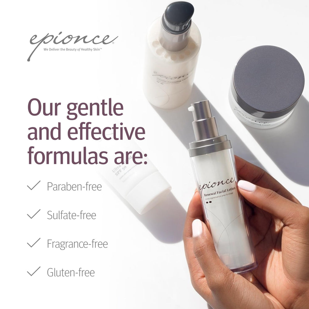 Close-up of Epionce toner label listing fragrance-free and non-comedogenic benefits
