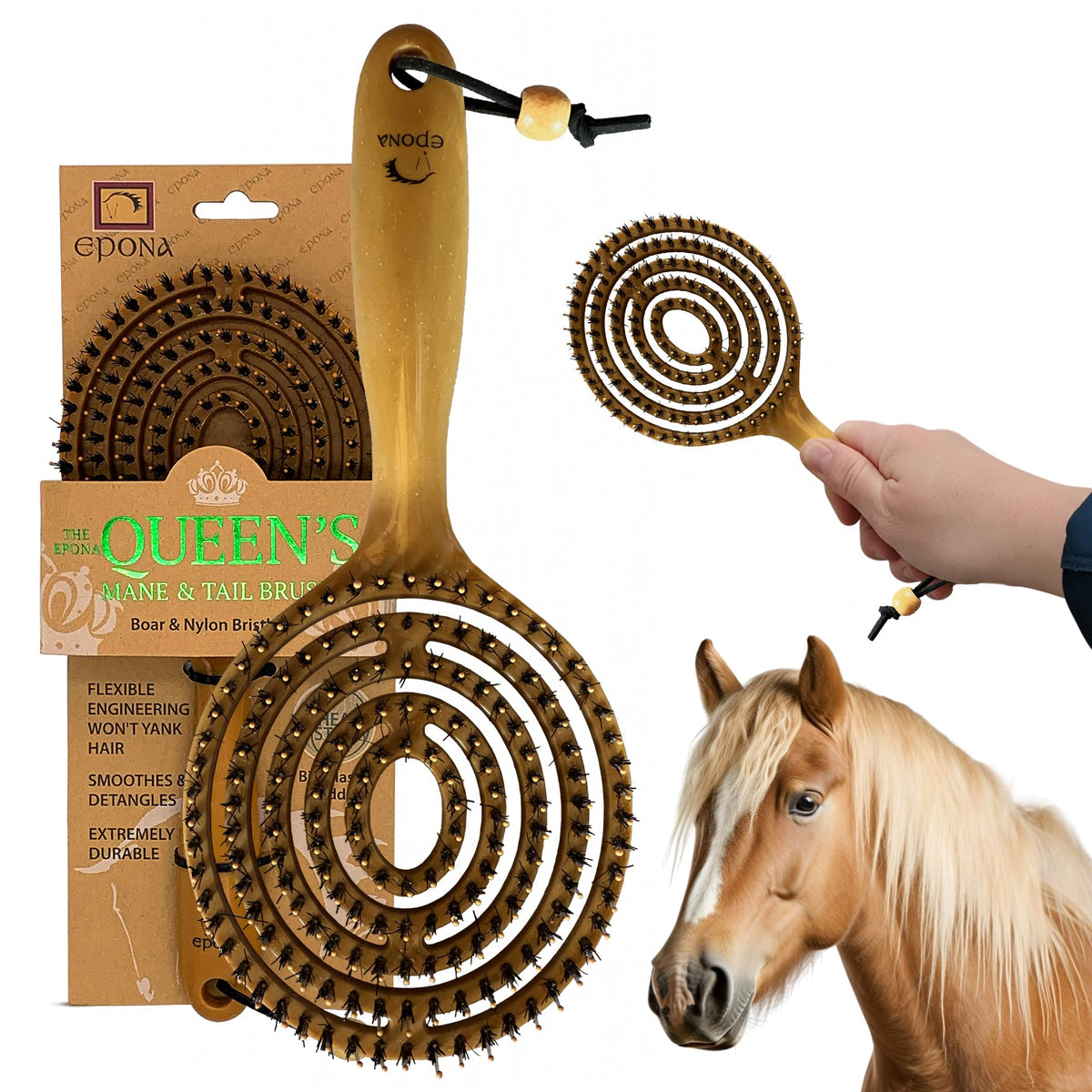 Epona brush front view showing ergonomic grip and lightweight design benefit