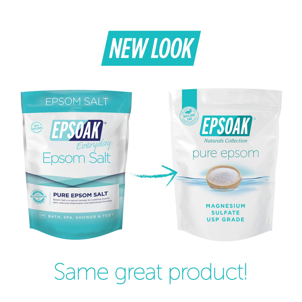 Epsoak bags beside a bathtub in a relaxed bathroom scene, ready for a calming soak